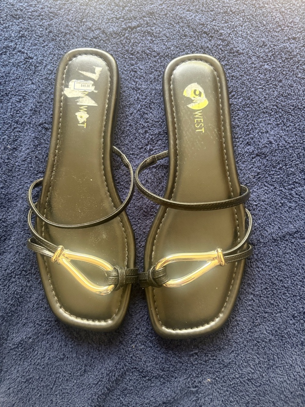 Nine West Black Slide Sandals with Gold Hardware